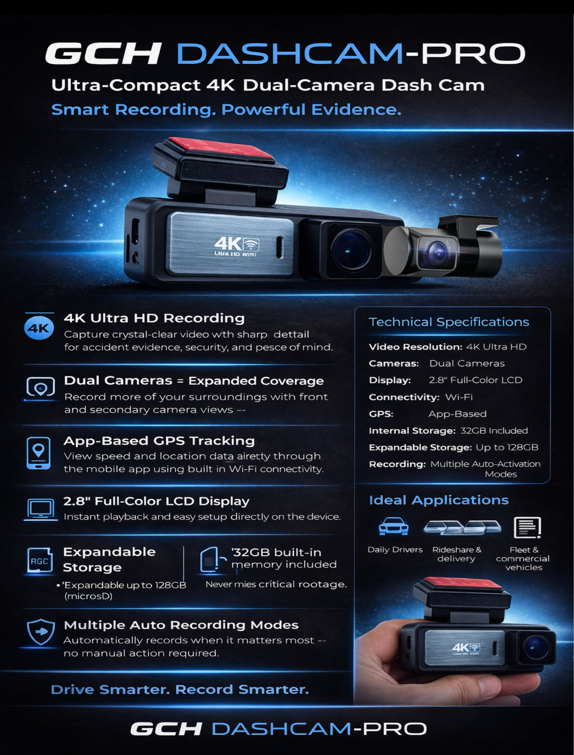 GCH DASHCAM-PRO | Ultra-Compact 4K Dual-Camera Dash Cam